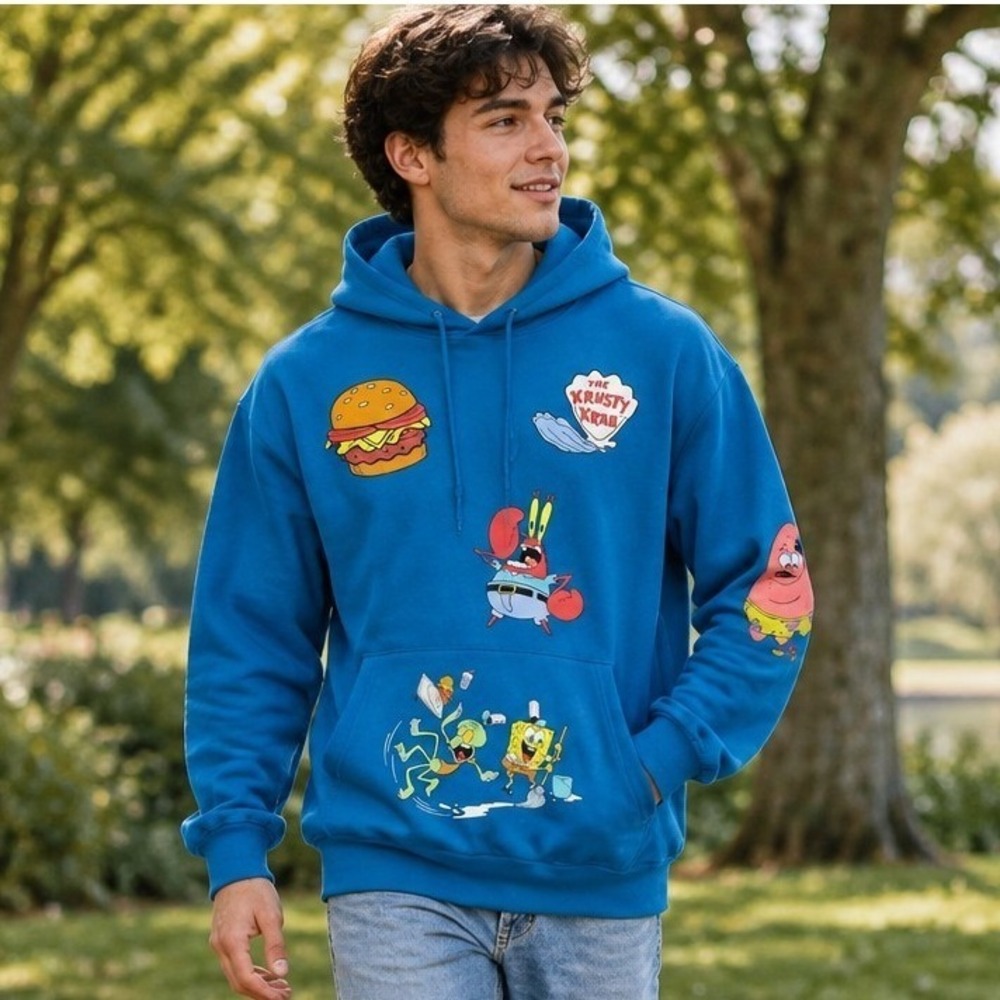 Nickelodeon Spongebob Hoodie Sweatshirt Men's Large Blue Graphic Kidcore Y2k